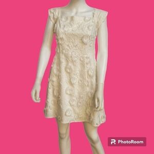 GIANNI BINI White Puffy Shaggy Floral Tulle Lace Square Neck Mini Dress